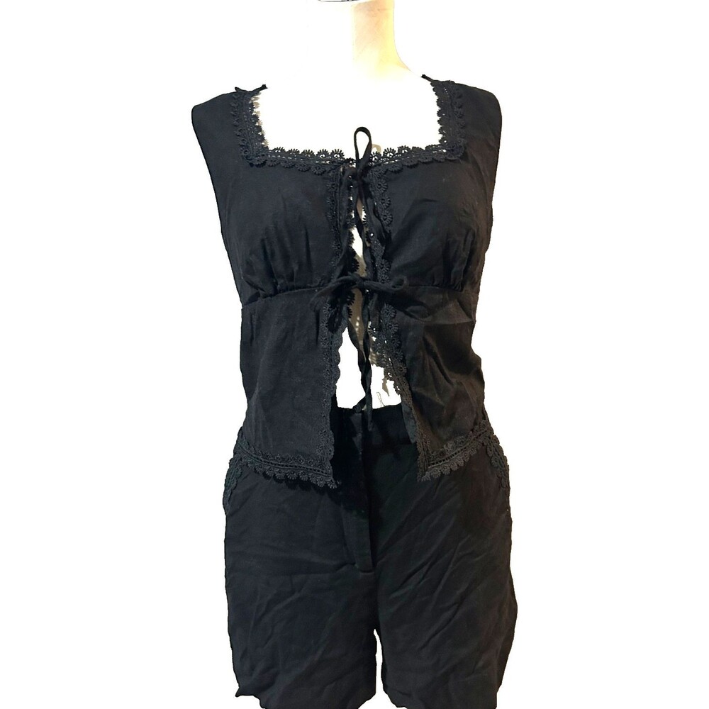 House of Harlow Women's NWOT 2Pc Linen Set Sleveless Top+Shorts size M Lace Trim